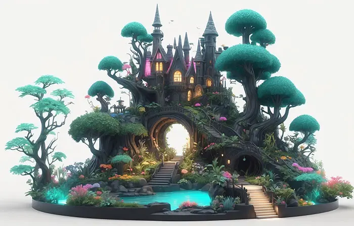 Magic Fairy Tale Landscape 3D Cartoon Illustration